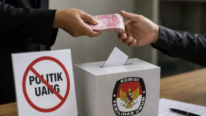 Tampak simbolik pertukaran uang tunai di dekat kotak suara pemilu sebagai representasi praktik politik uang.