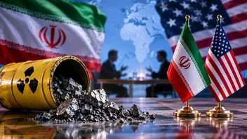 Bendera Iran dan Amerika Serikat terlihat di dekat simbol radioaktif dalam ilustrasi yang menggambarkan polemik perundingan uranium di tengah proses negosiasi damai kedua negara.