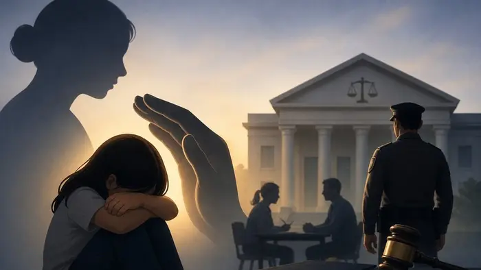 Ilustrasi menggambarkan korban yang membutuhkan perlindungan, dengan simbol penegakan hukum di latar sebagai representasi proses hukum yang berjalan untuk memberikan keadilan.