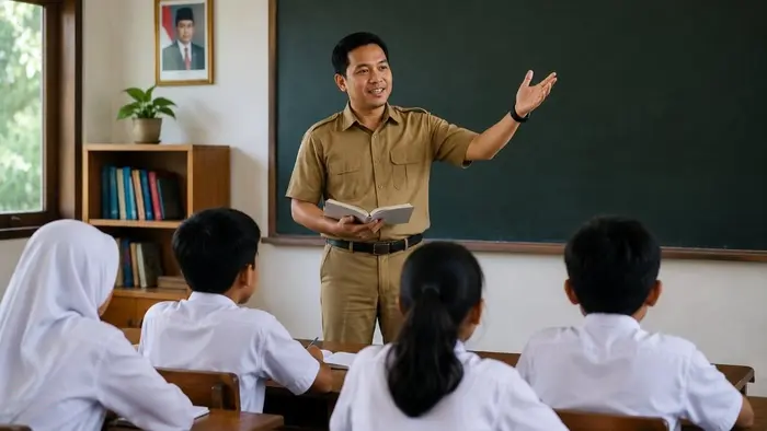 Guru mengajar siswa di ruang kelas sebagai gambaran kebutuhan tenaga pendidik di sekolah negeri di tengah dorongan percepatan pengangkatan guru non-ASN menjadi ASN dan PPPK.