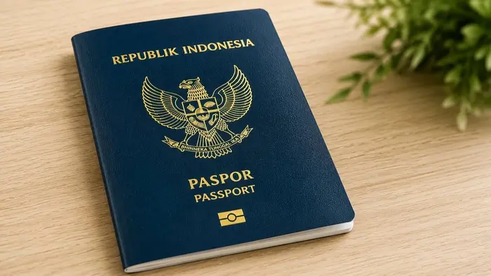 Ilustrasi dua paspor Republik Indonesia yang digunakan sebagai dokumen perjalanan resmi untuk keperluan perjalanan luar negeri.