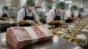 Tampak tumpukan uang rupiah di depan aktivitas relawan yang sedang menyiapkan paket makanan bergizi di dapur MBG.