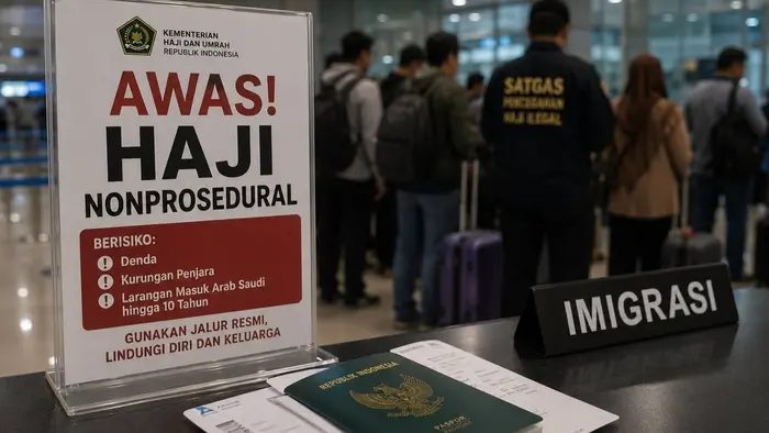 Tampak ilustrasi area pemeriksaan imigrasi dengan dokumen perjalanan dan imbauan larangan haji nonprosedural di bandara.