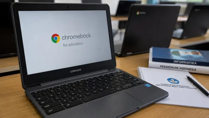 Sejumlah laptop Chromebook tersusun di ruang belajar dengan latar perlengkapan pendidikan dan perangkat teknologi informasi.