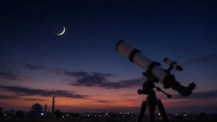 Ilustrasi suasana pemantauan hilal untuk penentuan awal bulan Dzulhijjah menggunakan teleskop pengamatan astronomi di tengah langit senja yang cerah.