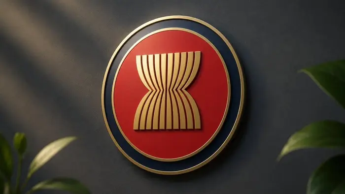 Ilustrasi logo ASEAN dengan desain modern berlatar gelap dan pencahayaan artistik