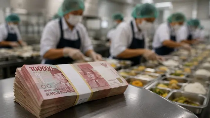 Tampak tumpukan uang rupiah di depan aktivitas relawan yang sedang menyiapkan paket makanan bergizi di dapur MBG.