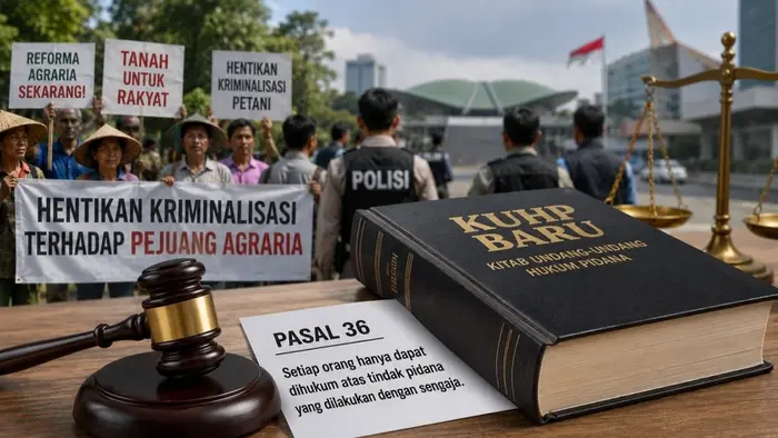 Ilustrasi menampilkan simbol hukum berupa palu sidang dan KUHP baru, dipadukan dengan suasana aksi masyarakat agraria serta aparat keamanan.