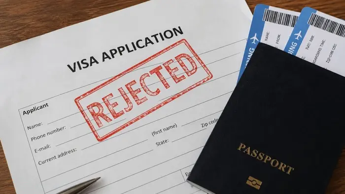 Paspor, tiket perjalanan, dan dokumen visa tergambar dalam ilustrasi bertema pekerja migran ilegal.