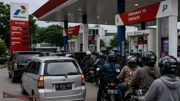 Antrean kendaraan roda dua dan roda empat mengular di sebuah SPBU Pertamina.
