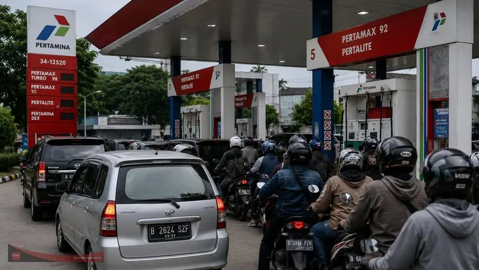 Antrean kendaraan roda dua dan roda empat mengular di sebuah SPBU Pertamina.