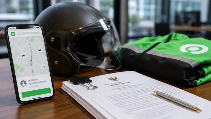 Ilustrasi pekerja transportasi berbasis platform digital. Publik menyoroti belum dipublikasikannya naskah resmi Peraturan Presiden Nomor 27 Tahun 2026 tentang Perlindungan Pekerja Transportasi Online
