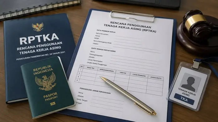 Dokumen Rencana Penggunaan Tenaga Kerja Asing (RPTKA), paspor, dan identitas tenaga kerja asing ditampilkan dalam ilustrasi terkait pengawasan penggunaan TKA di Indonesia
