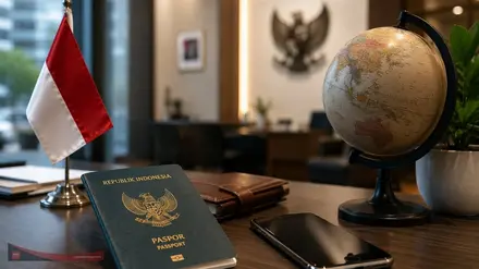 Ilustrasi menampilkan paspor Indonesia, bendera Merah Putih, globe, dan telepon pintar di ruang layanan diplomatik sebagai simbol pelayanan serta pelindungan warga negara Indonesia di luar negeri