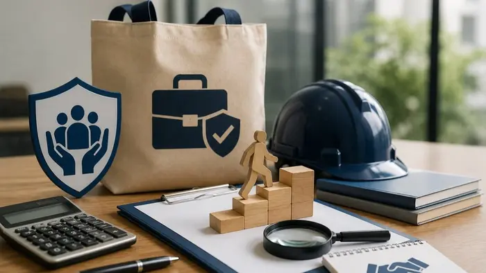Ilustrasi menampilkan perlengkapan kerja, helm keselamatan, ikon perlindungan pekerja, dan dokumen administrasi sebagai simbol Program Jaminan Kehilangan Pekerjaan (JKP).