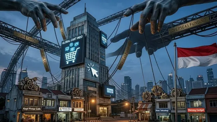 Gambar ilustrasi konseptual ini menampilkan sebuah menara digital bertuliskan "Global Cart Indo" yang dikendalikan oleh sepasang tangan raksasa dari atas, masing-masing berlabel "Global Capital"