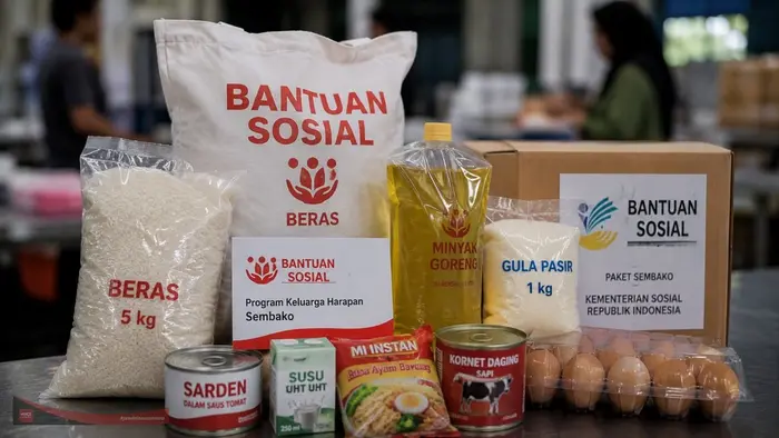 Ilustrasi menampilkan paket bantuan sosial berisi bahan kebutuhan pokok sebagai simbol program perlindungan sosial pemerintah.