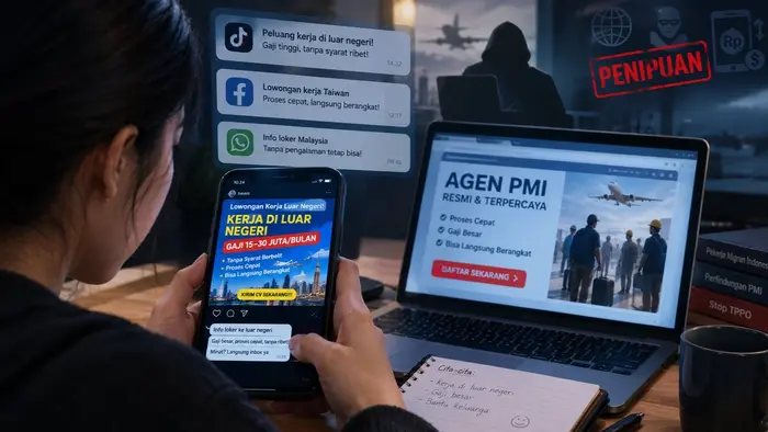 Tawaran kerja ke luar negeri melalui media sosial dan situs daring yang berpotensi menjadi pintu masuk perdagangan orang.