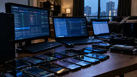 Ilustrasi memperlihatkan sejumlah perangkat elektronik berupa komputer, laptop, dan telepon genggam yang digunakan dalam aktivitas digital, dengan suasana ruangan apartemen yang dibuat redup dan dramatis.