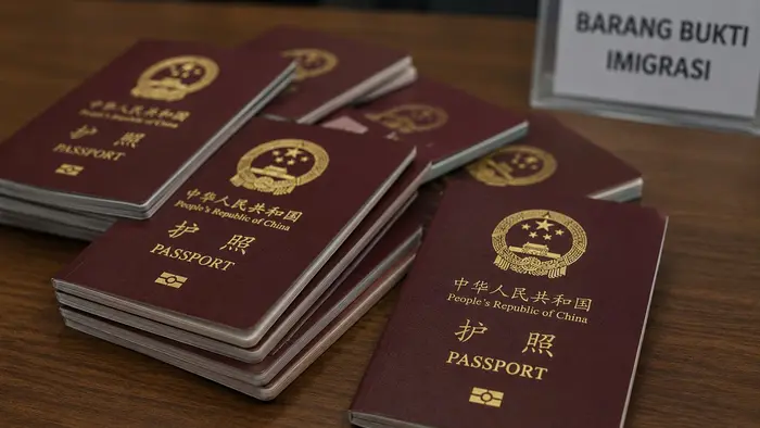 Sejumlah paspor China berwarna merah marun tampak tersusun di atas meja, menggambarkan dokumen perjalanan warga negara asing yang menjadi bagian dari tindakan administratif keimigrasian. Visual dibuat dengan komposisi sederhana, realistis, dan elegan tanpa menampilkan identitas pribadi.