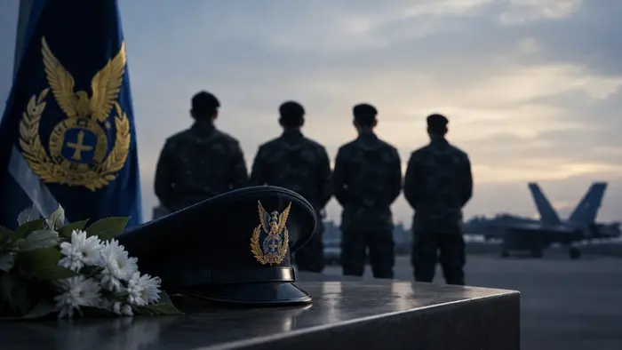 Ilustrasi menampilkan topi dinas TNI Angkatan Udara dan bunga putih di atas meja sebagai simbol penghormatan kepada prajurit yang gugur. Di latar belakang terlihat beberapa prajurit dalam posisi membelakangi kamera serta sebuah pesawat militer yang dibuat samar, dengan suasana pangkalan udara yang tenang dan bernuansa duka.