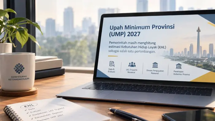 Laptop menampilkan informasi mengenai perhitungan Kebutuhan Hidup Layak (KHL) sebagai salah satu pertimbangan penetapan UMP 2027.