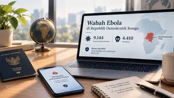 Ilustrasi jurnalistik menampilkan peta Afrika, perangkat digital, dan paspor Indonesia yang menggambarkan perkembangan wabah Ebola serta upaya pemerintah memantau kondisi WNI di kawasan tersebut.