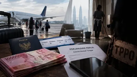 Kolase ilustrasi memperlihatkan sejumlah calon penumpang berjalan menuju pesawat di landasan bandara. Di bagian depan tampak paspor Indonesia, tiket dengan rute Waingapu, Pekanbaru, Tanjung Balai, dan Kuala Lumpur, serta setumpuk uang rupiah. Di sisi kanan terlihat siluet pekerja rumah tangga mengepel lantai dengan latar menara kembar di Kuala Lumpur, dokumen "Perjanjian Kerja Asisten Rumah Tangga", telepon seluler, dan papan bertuliskan "TPPO" yang dililit rantai.