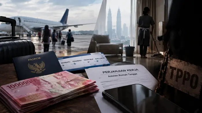 Kolase ilustrasi memperlihatkan sejumlah calon penumpang berjalan menuju pesawat di landasan bandara. Di bagian depan tampak paspor Indonesia, tiket dengan rute Waingapu, Pekanbaru, Tanjung Balai, dan Kuala Lumpur, serta setumpuk uang rupiah. Di sisi kanan terlihat siluet pekerja rumah tangga mengepel lantai dengan latar menara kembar di Kuala Lumpur, dokumen "Perjanjian Kerja Asisten Rumah Tangga", telepon seluler, dan papan bertuliskan "TPPO" yang dililit rantai.