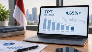 Ilustrasi menampilkan laptop dengan grafik tingkat pengangguran terbuka (TPT), dokumen statistik ketenagakerjaan, dan bendera Merah Putih di latar belakang. Visual menggambarkan data kondisi pasar kerja Indonesia serta perkembangan angka pengangguran nasional.