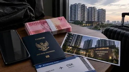 Tumpukan uang pecahan Rp100.000, paspor Indonesia, tiket pesawat rute Tasikmalaya–Jakarta (CGK), dan telepon seluler di atas meja kayu. Di sebelahnya ada foto gedung apartemen bertuliskan "Tokyo Riverside Apartment PIK 2". Koper hitam terlihat di sisi kanan, dengan latar gedung apartemen dari jendela.