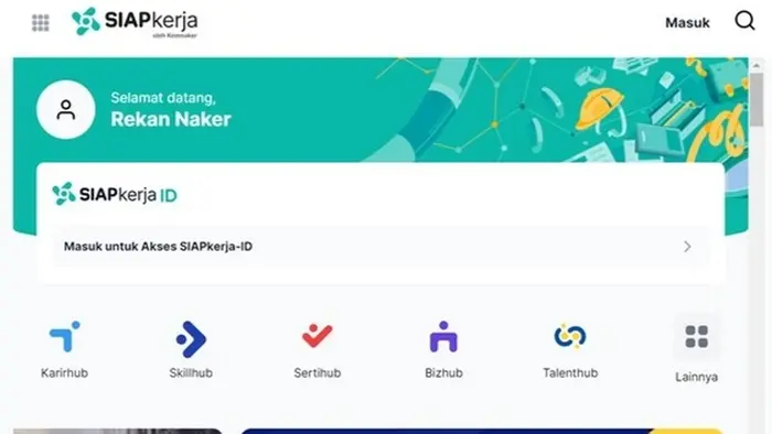 Halaman utama aplikasi SIAPkerja menampilkan sapaan "Selamat datang, Rekan Naker" dengan latar hijau tosca. Di bawahnya terdapat kolom akses SIAPkerja-ID yang meminta pengguna masuk terlebih dahulu. Lima ikon layanan tersusun sejajar, yakni Karirhub, Skillhub, Sertihub, Bizhub, dan Talenthub, ditambah menu "Lainnya" di sisi kanan.