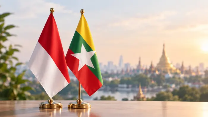 Bendera Indonesia dan Myanmar berdampingan sebagai simbol hubungan dan kerja sama kedua negara di bidang perdagangan, pendidikan, dan pariwisata.