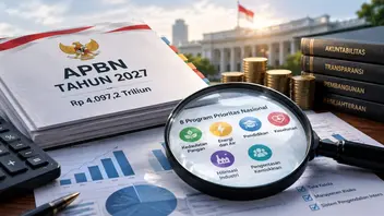 Ilustrasi dokumen bersampul "APBN Tahun 2027 Rp4.097,2 Triliun" dengan lambang Garuda. Di depannya, kaca pembesar menampilkan ikon "8 Program Prioritas Nasional", antara lain kedaulatan pangan, energi dan air, pendidikan, kesehatan, hilirisasi industri, dan pengentasan kemiskinan