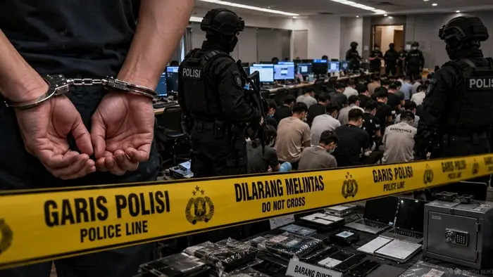 Ilustrasi suasana penggerebekan yang memperlihatkan aparat kepolisian mengamankan ratusan WNA di sebuah ruangan operasional judi online.