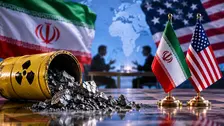 Bendera Iran dan Amerika Serikat terlihat di dekat simbol radioaktif dalam ilustrasi yang menggambarkan polemik perundingan uranium di tengah proses negosiasi damai kedua negara.