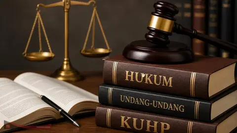 Tumpukan buku hukum dengan palu sidang dan timbangan keadilan menggambarkan proses penegakan hukum dalam kasus korupsi pengelolaan lahan yang diputus di pengadilan.