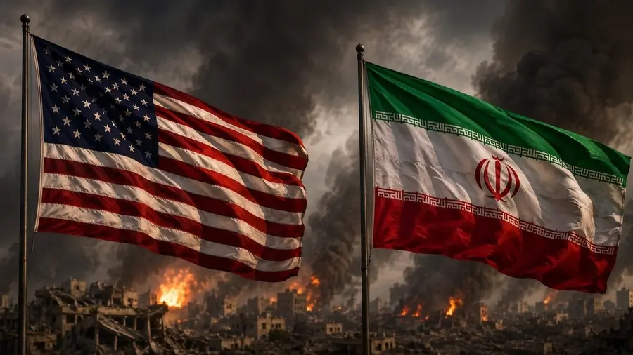 Ilustrasi suasana konflik antara Amerika Serikat dan Iran dengan latar kota yang hancur, kobaran api, dan asap pekat. Ilustrasi suasana konflik antara Amerika Serikat dan Iran dengan latar kota yang hancur, kobaran api, dan asap pekat.