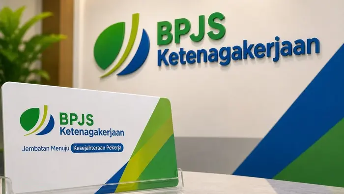 Tampak logo dan identitas visual BPJS Ketenagakerjaan di ruang layanan, merepresentasikan peran lembaga dalam memberikan perlindungan jaminan sosial bagi pekerja dan keluarganya.