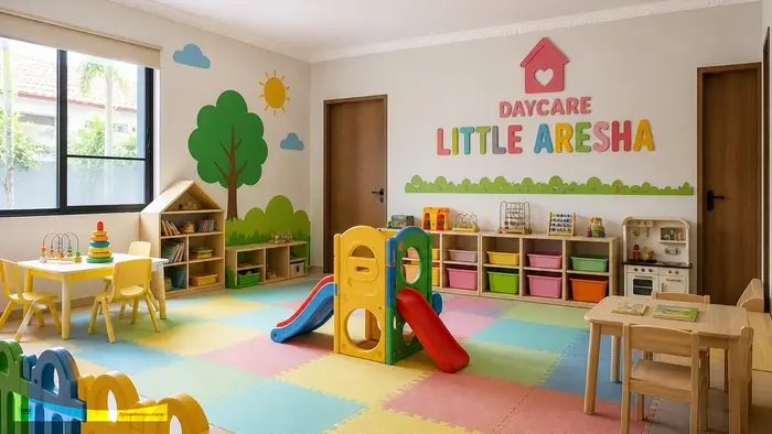 Ruang bermain anak di sebuah daycare yang tertata dengan berbagai fasilitas edukatif, digunakan sebagai ilustrasi konteks dugaan kasus kekerasan terhadap anak tanpa menampilkan korban demi menjaga pri