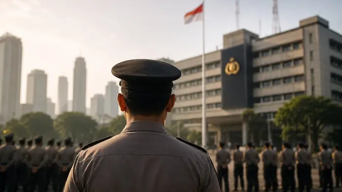 Seorang anggota Polri terlihat dari belakang berdiri menghadap barisan personel dalam kegiatan apel di halaman sebuah gedung institusi kepolisian. Suasana pagi dengan pencahayaan alami memberikan kesa