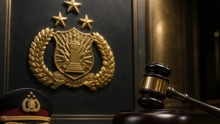 Simbol kepolisian dan palu sidang menggambarkan proses rotasi, promosi, serta pergantian jabatan di tubuh Polri, termasuk pergantian sembilan kapolda secara serentak.