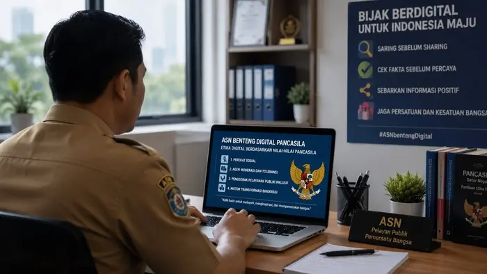 Ilustrasi seorang ASN sedang menggunakan perangkat digital di kantor.
