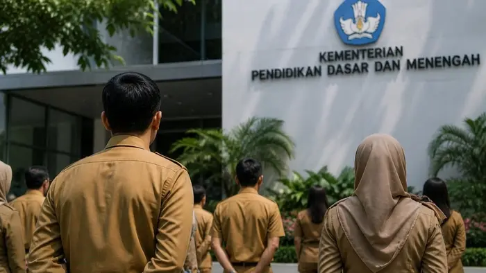 Sejumlah ASN berseragam cokelat berdiri menghadap gedung Kementerian Pendidikan Dasar dan Menengah