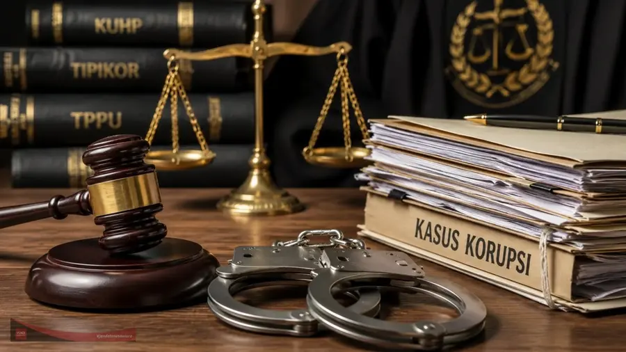 Komnas HAM Minta Revisi UU Tipikor Akomodir Pemulihan Hak Masyarakat Sebagai Korban Ilustrasi editorial bergaya realistis menampilkan palu hakim, sepasang borgol, timbangan keadilan, serta tumpukan berkas perkara di atas meja kayu dengan latar buku-buku hukum.