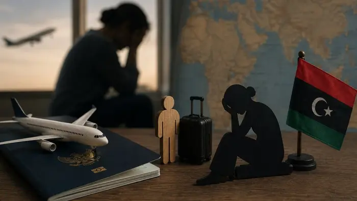 Ilustrasi menampilkan paspor Indonesia, koper, miniatur pesawat, dan bendera Libya sebagai simbol perjalanan pekerja migran Indonesia ke luar negeri.