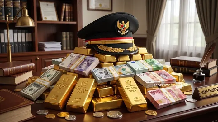 Ilustrasi Valuta asing,Tumpukan Emas dan topi kejaksaan