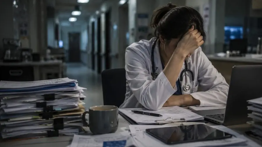 Pemerintah Harus Perbaiki Sistem Kerja Tenaga Kesehatan Foto menggambarkan seorang tenaga medis mengenakan jas dokter dan stetoskop duduk di depan tumpukan berkas administrasi, laptop, dan rekam medis dengan kepala tertunduk menahan lelah.
