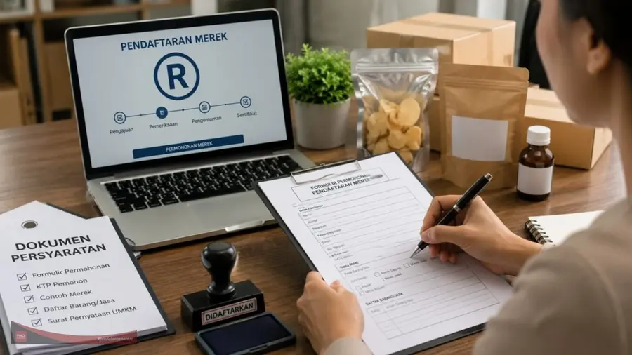 Persyaratan Daftar Merek UMKM Kini Lebih Sederhana Ilustrasi realistis seorang pelaku UMKM sedang mengisi formulir pendaftaran merek dagang di meja kerja dengan laptop, dokumen persyaratan, stempel, dan kemasan produk tanpa merek