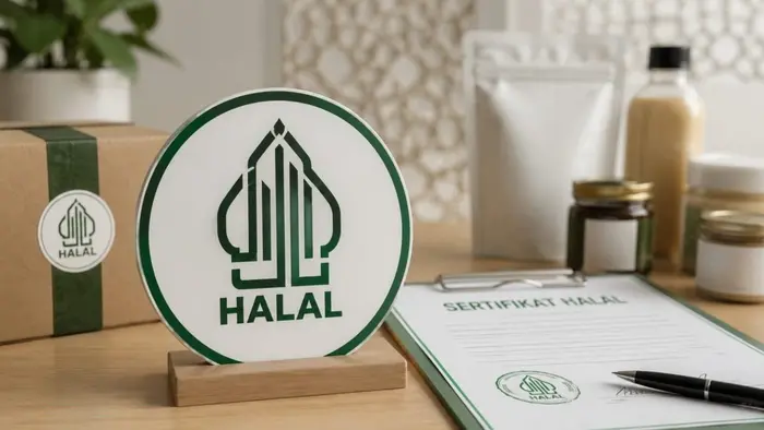 Ilustrasi realistis menampilkan simbol sertifikasi halal pada kemasan produk dan dokumen sertifikasi di atas meja kerja dengan latar produk UMKM tanpa logo atau merek tertentu.